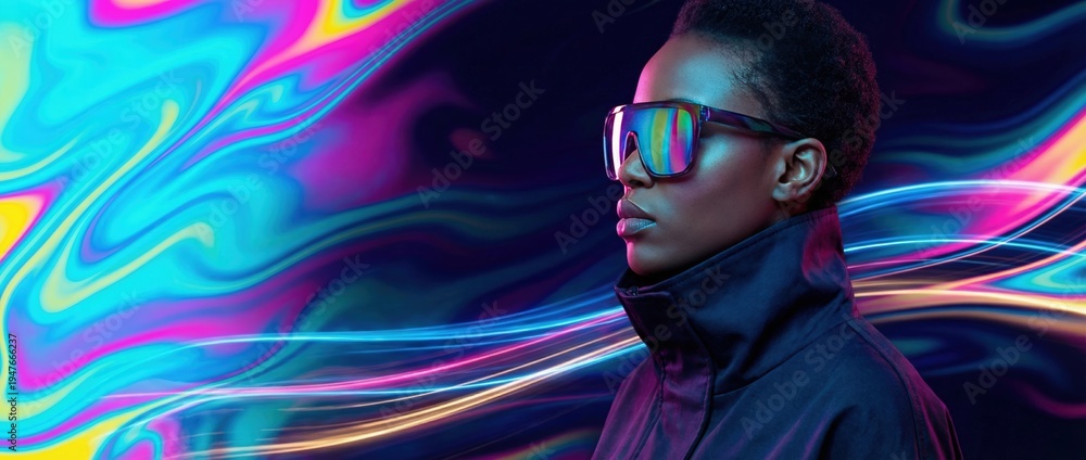 Fototapeta premium Dynamic fashion statement urban cityscape portrait photography colorful abstract background side view futuristic aesthetics for modern trends