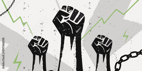 Raised fists breaking chains symbolizing strength and resistance