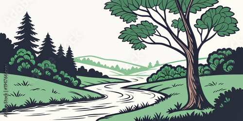 A tree beside a winding river in a green landscape Vector