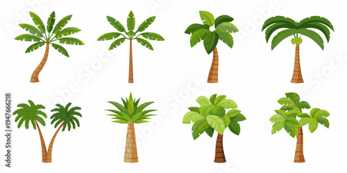 Collection of vibrant green palm trees in a cartoon illustration style