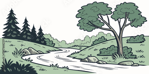 A serene landscape with a river and trees Vector