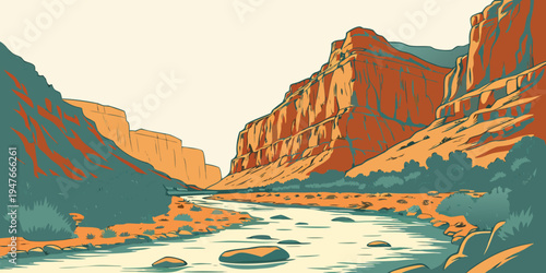 A river runs through a canyon with steep cliffs Vector