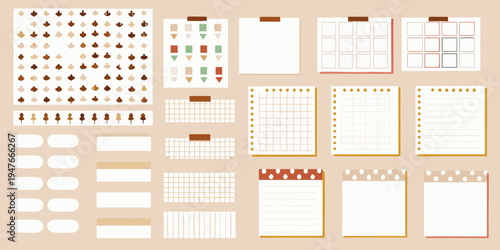 Assorted autumn themed stationery and washi tape elements on beige background