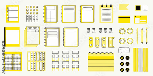 Yellow stationery collection featuring notepads pens and organizational elements