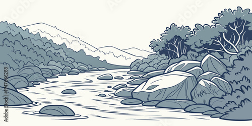 A serene mountain river landscape with snow capped peaks Vector