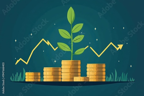 green plant sprouting from stacks of gold coins with an upward arrow chart, sparkles and grass on a teal background conveying optimistic financial growth and prosperity