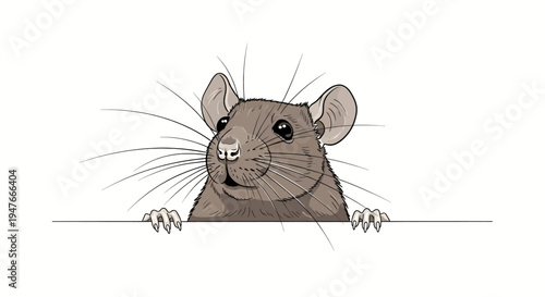 Charming illustration of a curious brown rat peeking playfully over a clean white surface, showcasing its inquisitive nature and delicate whiskers
