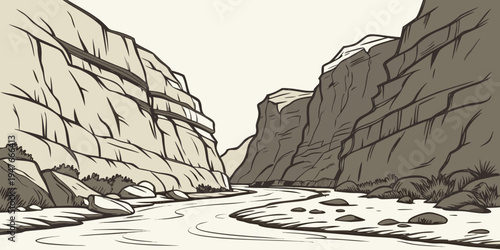 A drawing of a canyon with a river running through it Vector