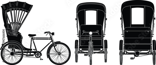 Traditional rickshaw bicycle transport silhouette set with side front and rear views vector illustration vintage urban transportation design