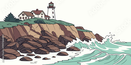 A lighthouse on a rocky cliff overlooking the ocean Vector