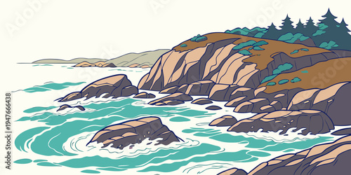 A pixel art illustration of a rocky coastline with trees on a hill Vector