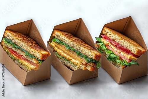 Three sandwich halves with grilled bread, leafy lettuce, tomato slices, and creamy filling, neatly arranged in brown cardboard holders on a white surface