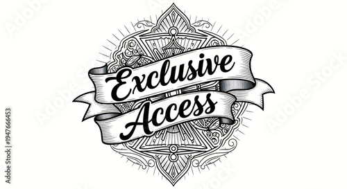 Ornate vintage crest illustration featuring a scroll banner with 'Exclusive Access' text, symbolizing premium membership and restricted entry for VIP content