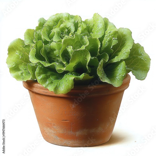 Fresh dewy green lettuce with ruffled leaves in a rustic terracotta pot on white background, evoking homegrown freshness and vitality