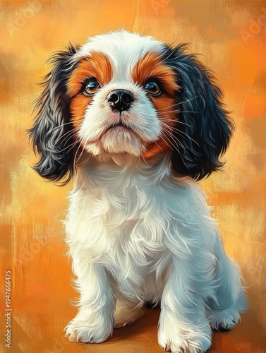 fluffy tricolor puppy with soulful eyes sitting against a warm orange textured background, curious and affectionate expression