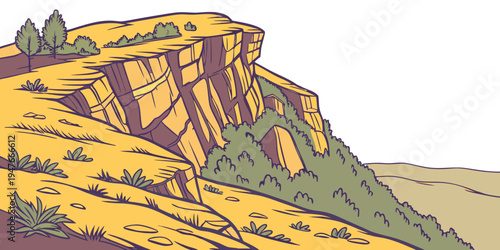 A large yellow cliff with green trees and grass Vector