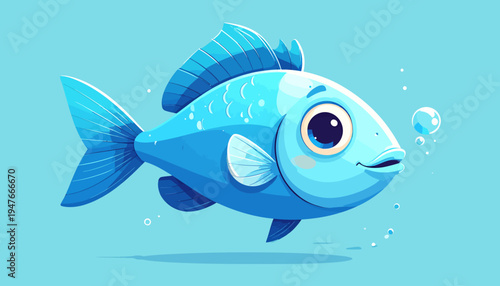 Cute cartoon blue fish swimming underwater with bubbles on a light blue background.