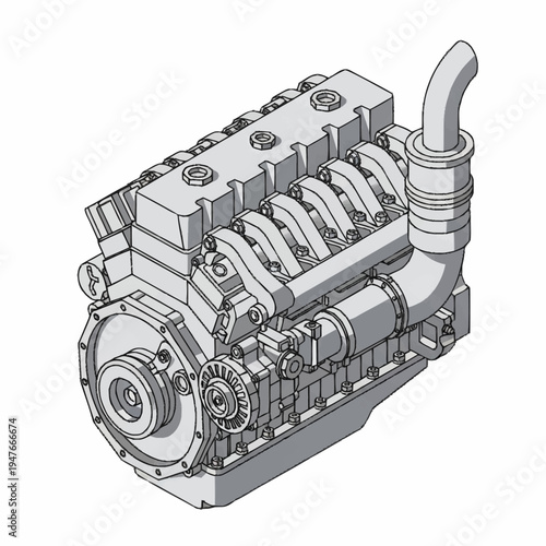 Isometric view of a diesel engine, showing its components and design.