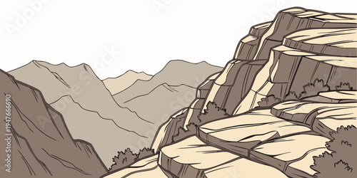 A brown rocky mountain range with steep slopes Vector