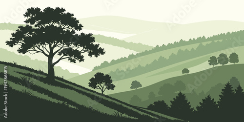 A serene landscape with a tree on a hill Vector
