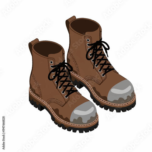 Illustration of a pair of brown work boots with steel toes and black laces.