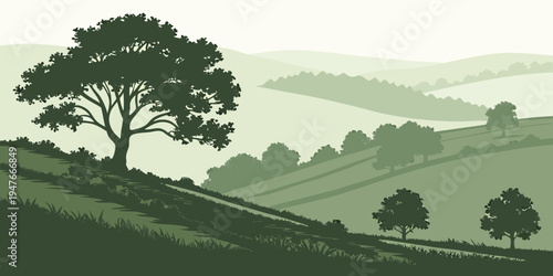 A green landscape with trees on a hillside Vector