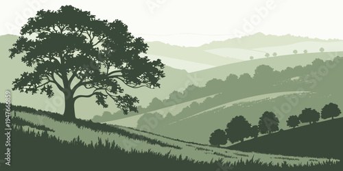 A tree on a hill with rolling hills in the background Vector