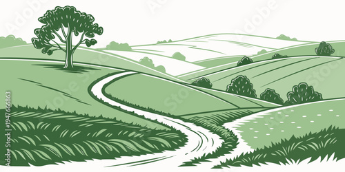 A winding road through a green landscape with trees Vector
