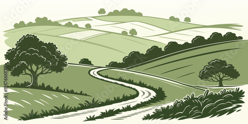 A winding road through a green countryside landscape Vector