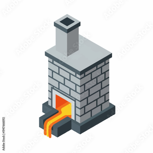 Isometric illustration of a brick furnace with molten metal flowing out of it.
