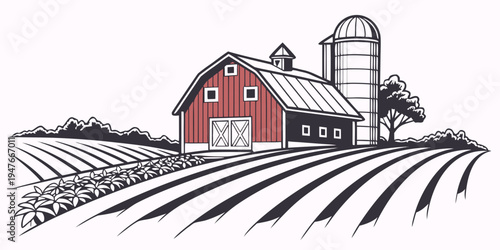A red barn and silo on a farm with a field Vector