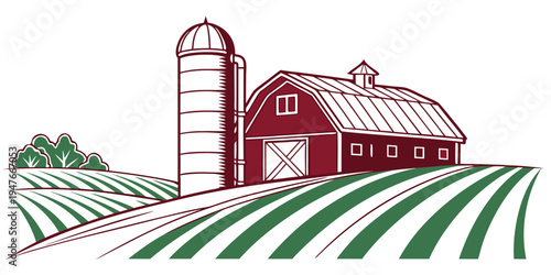 A red barn and silo on a farm with green fields Vector