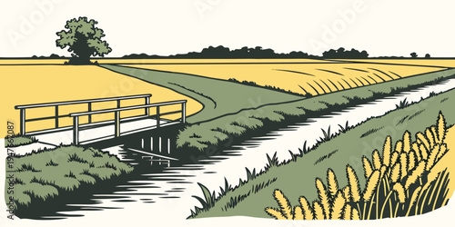 A small bridge over a stream in a rural landscape Vector