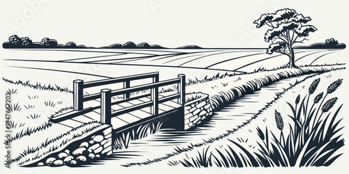 A small wooden bridge over a stream in a rural landscape Vector