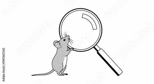 Curious mouse diligently exploring with a magnifying glass, symbolizing discovery, investigation, and meticulous observation in a clear, minimalist illustration