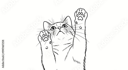 Close-up sketch of a playful tabby kitten reaching upwards with its front paws outstretched and looking up with curiosity