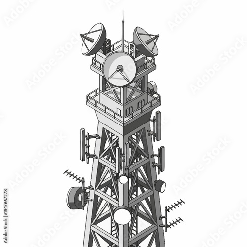 Illustration of a tall communications tower with various antennas and satellite dishes.