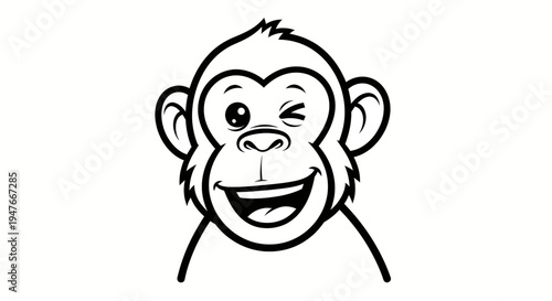 Cartoon monkey face with a playful wink and wide grin, rendered in a simple black and white line art style for a friendly and animated expression