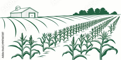 A green line drawing of a farm with a house and cornfields Vector