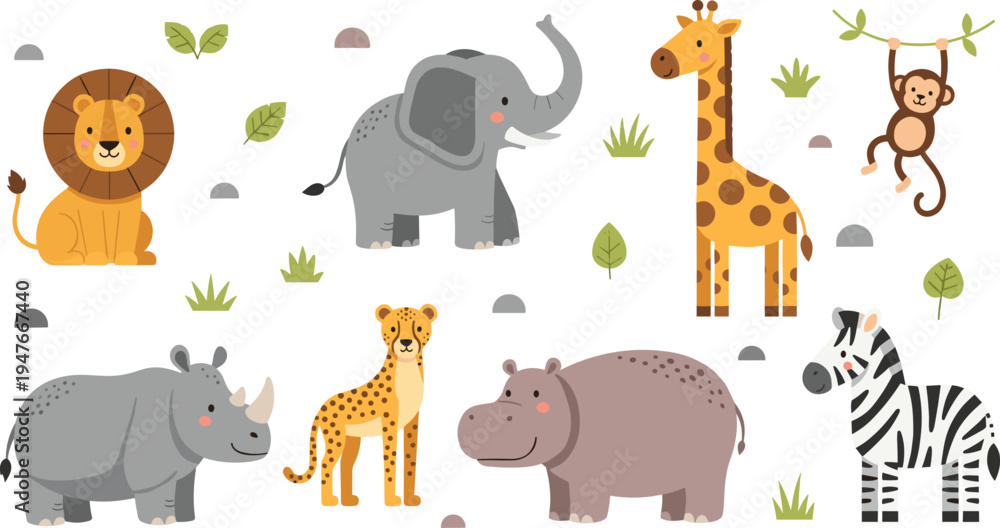 Fototapeta premium African Safari Animals Vector Illustration Set Featuring Lion, Elephant, Giraffe, Monkey, Rhino, Cheetah, Hippo, and Zebra for Wildlife Nature Graphics and Kids Designs.