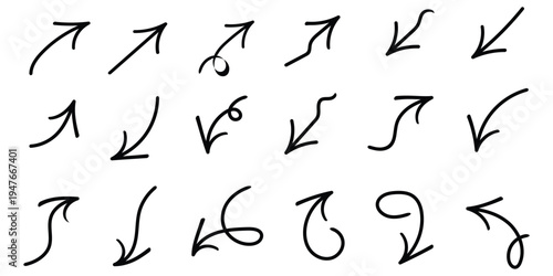Doodle Arrow Set with Hand Drawn Marker Pen Directional Icons and Curved Pointer Symbols