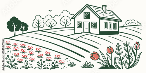 A house on a hill with a field of flowers Vector