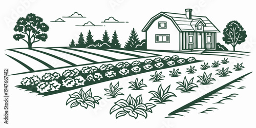 A house and garden with trees and a field Vector