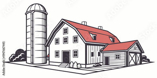 A white barn with a red roof and a silo Vector