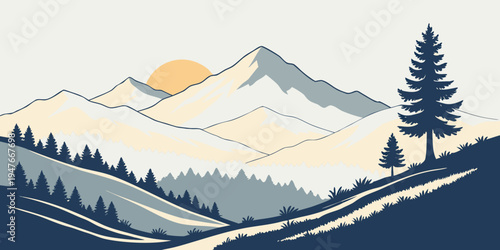 A mountain landscape with a pine tree on a hillside Vector