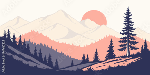 A serene mountain landscape at sunset with trees Vector