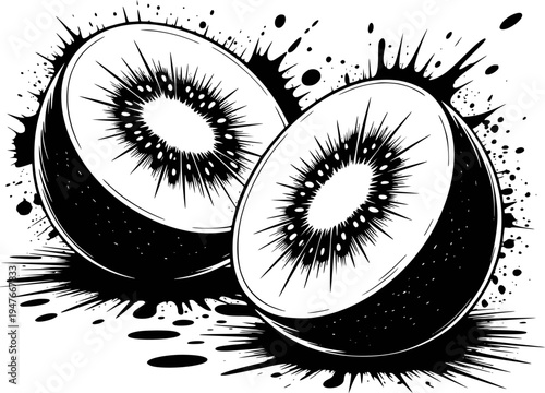 Black and white of kiwi fruit halves with splash effect slice