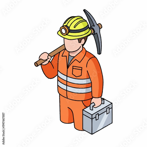 Illustration of a miner with a pickaxe and toolbox.