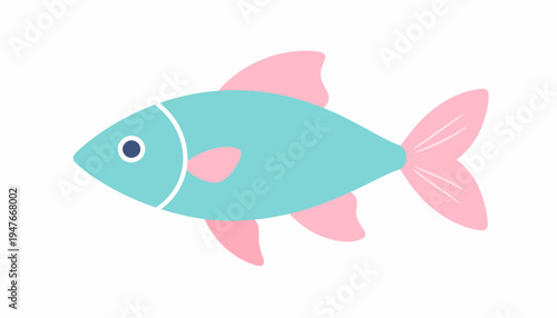 A simple, flat illustration of a light blue fish with pink fins and tail on a white background.