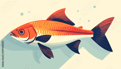 Vibrant illustration of a stylized orange and red fish with dark fins and tail swimming in clear water with bubbles.